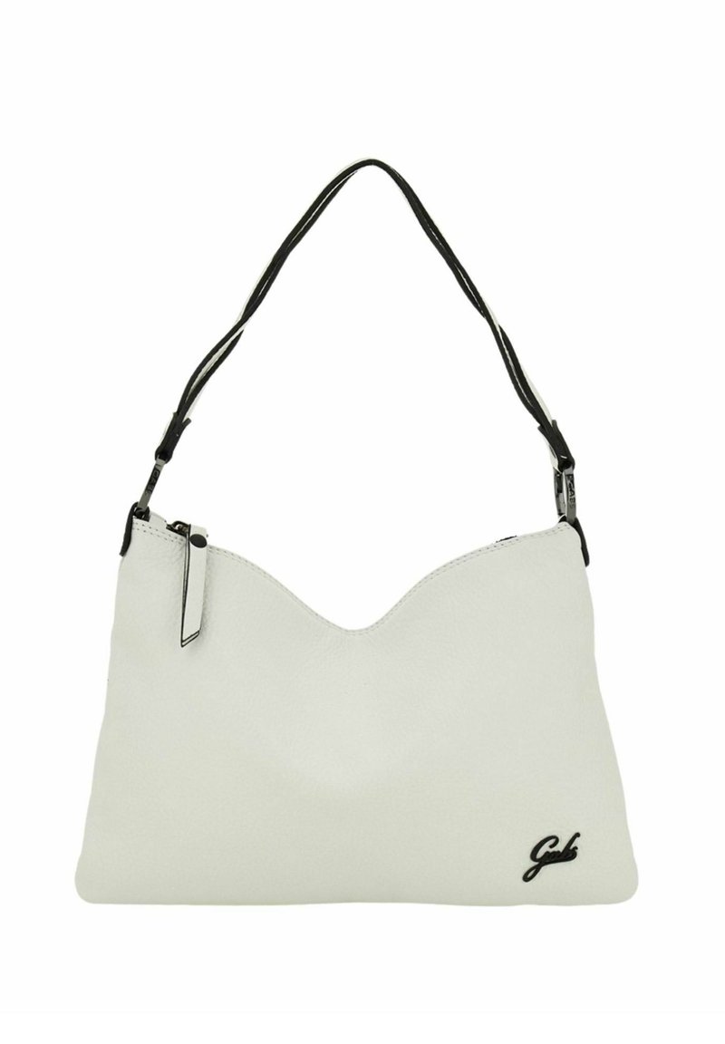 Borsa a tracolla bianca in pelle con top a forma di V, tracolla nera e dettaglio del logo in basso a destra. Texture liscia, design minimalista.
