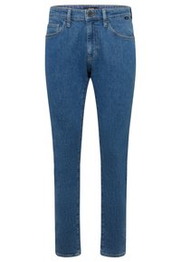 Jean en denim bleu foncé, avec une coupe droite, un design à cinq poches, une fermeture par bouton en métal, et des détails de couture subtils.