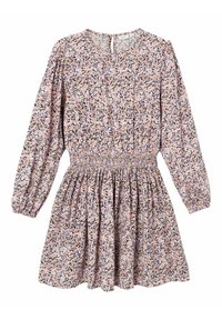 Blumenmusterkleid mit langen Puffärmeln, elastischem Taillenbund, runder Halslinie und einem gerafften Rock. Die Farben umfassen Pink, Lavendel und Schwarz.