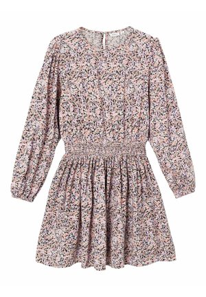 Floral print dress with long puffed sleeves, elasticized waistband, round neckline, and a gathered skirt. Colors include pink, lavender, and black.