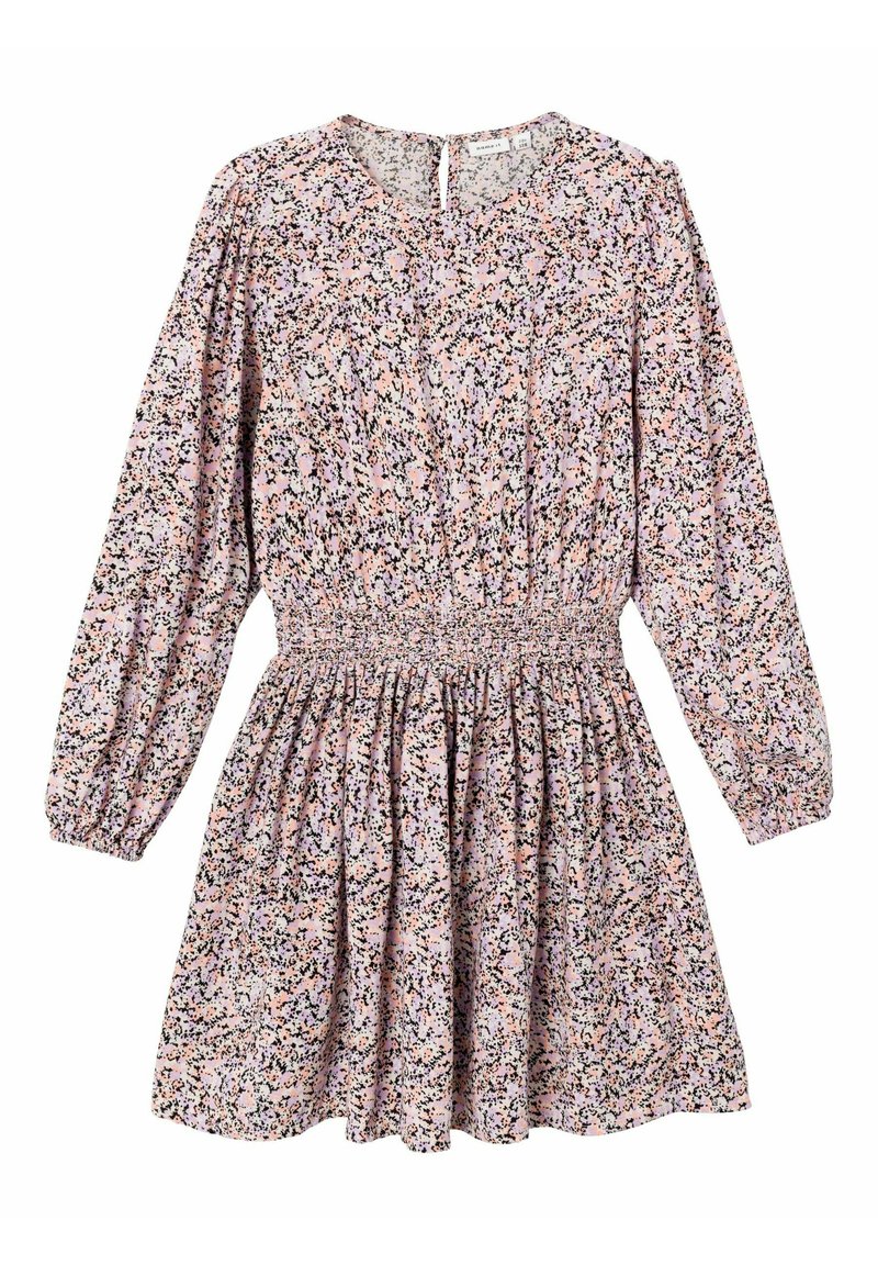 Blumenmusterkleid mit langen Puffärmeln, elastischem Taillenbund, runder Halslinie und einem gerafften Rock. Die Farben umfassen Pink, Lavendel und Schwarz.