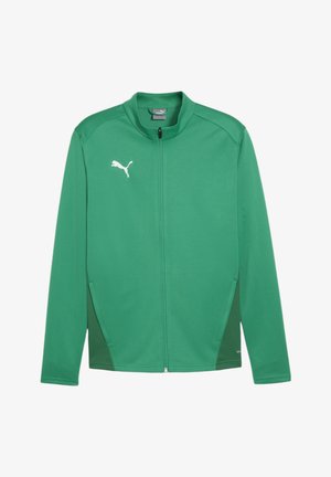 Giacca sportiva verde con zip frontale, colletto alto, accenti laterali in rete e logo bianco sul petto. Texture liscia, materiale leggero.