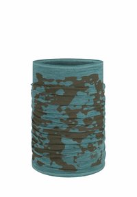 Buisvormige multifunctionele hoofdbedekking in teal met een donkergroen camouflagepatroon, gemaakt van rekbare stof met een gladde textuur.