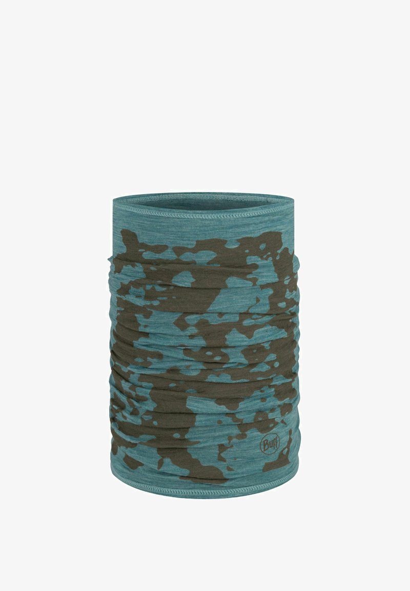 Buisvormige multifunctionele hoofdbedekking in teal met een donkergroen camouflagepatroon, gemaakt van rekbare stof met een gladde textuur.