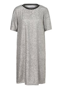 Abito argento con paillettes, maniche corte, scollatura tonda e bordi neri. Design fluido con una morbida texture e superficie scintillante.