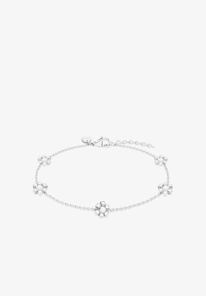 Zilveren armband met vijf kleine bloemvormige bedels, elk met een centrale pareldetail en een sluiting met een karabijnhaak.