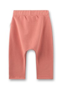 Baumwollmix-Shorts, weich in Korallenfarbe, elastischer Bund, knielang, nahtloses Design, glatte Textur ohne sichtbare Muster oder Akzente.