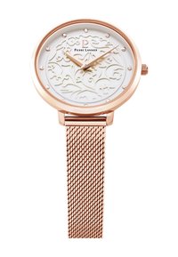 Reloj de oro rosa con una esfera blanca texturizada, que presenta un patrón floral, índices horarios de cristal y una correa de malla. Diseñado por Pierre Lannier.