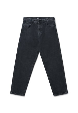 Jeans in denim scuro con una vestibilità rilassata, gamba dritta, cinque tasche e chiusura con bottone. Presentano cuciture e branding minimi.