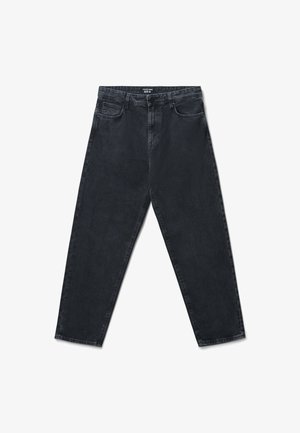 Jeans in denim scuro con una vestibilità rilassata, gamba dritta, cinque tasche e chiusura con bottone. Presentano cuciture e branding minimi.