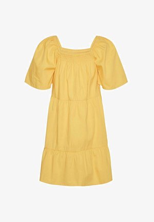 Robe en coton jaune avec un décolleté carré, des manches courtes bouffantes et un ourlet à volants à étages. Texture lisse, tissu léger.