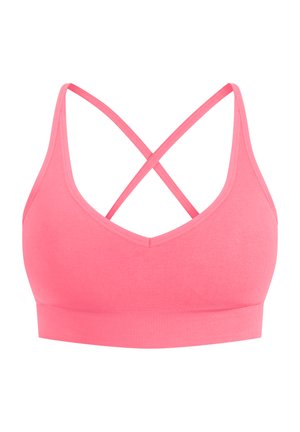 Il reggiseno sportivo rosa presenta un tessuto morbido con un design a scollo a V, spalline incrociate sul retro e una fascia elastica comoda.
