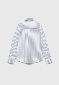 Raitapaita vaaleansinisestä ja valkoisesta puuvillasekoitteesta, jossa on pitkät hihat ja klassinen kaulus, napilla suljettavat hihansuut ja takana laskostus.