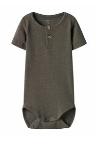 Olivovo zelený rebrovaný body s krátkymi rukávmi, henley výstrihom, dvoma drevenými gombíkmi a patentkami na spodnej strane.