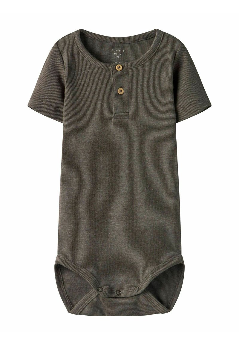 Olivovo zelený rebrovaný body s krátkymi rukávmi, henley výstrihom, dvoma drevenými gombíkmi a patentkami na spodnej strane.