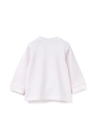 Prosty biały niemowlęcy podkoszulek z długim rękawem i okrągłym dekoltem, pokazany od tyłu na białym tle.