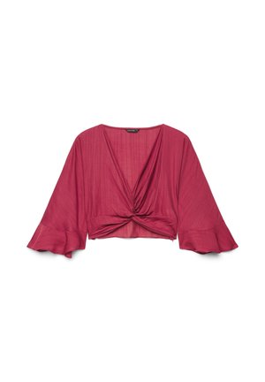 Tiefrosa bauchfreies Oberteil mit gedrehtem Vorderteil, weiten Glockenärmeln, subtilen vertikalen Streifen und V-Ausschnitt.