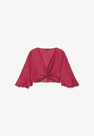Blusa corta fucsia con nodo frontale, maniche a campana larghe, sottili righe verticali e scollo a V.