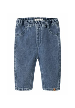 Jean en denim bleu pour tout-petit avec taille élastiquée, poches avant et jambes droites sur fond blanc.