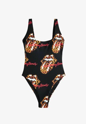 Costum de baie întreg negru cu imprimeu cu limba logo-urilor Rolling Stones și text roșu cursiv „The Rolling Stones”.