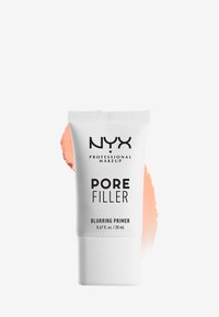 Tube blanche avec texte noir : "NYX PORE FILLER BLURRING PRIMER" sur un léger fond rose. Contenance : 20 mL.