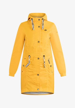 Giacca impermeabile gialla con cappuccio, polsini elasticizzati e cordini. Ha tasche con bottone e un sottile dettaglio con logo.