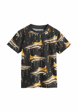 Black short-sleeve shirt with an all-over pattern of golden soccer cleats dripping with liquid gold.
