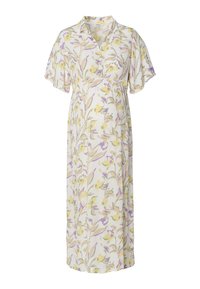 Robe de maternité à motifs floraux dotée d'un décolleté en V, de manches courtes et d'un tissu léger et texturé dans des tons pastel de jaune, violet et vert.