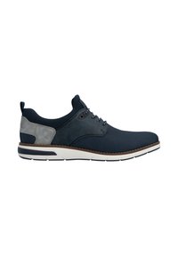 Herren-Sneaker in Marineblau mit grauem Fersenstück, weißer Sohle mit braunem Rand und schwarzen Schnürsenkeln.