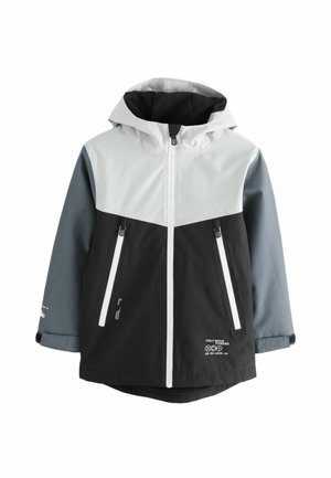 Chaqueta resistente al agua que presenta un diseño en bloques de color blanco, negro y gris. Bolsillos con cremallera y capucha ajustable con forro suave.