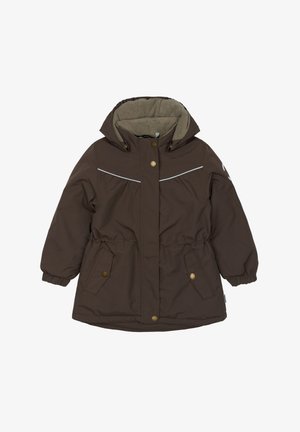 Braune isolierte Jacke mit Kapuze, ausgestattet mit einem Fleece-Futter, elastischen Bündchen, frontalen Taschen und reflektierenden Akzenten.