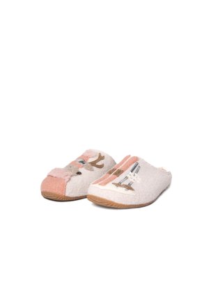 Pantofole in feltro con una combinazione di colori rosa e bianco, caratterizzate da un design con renna e sci. Texture morbida e suola in gomma per una buona aderenza.
