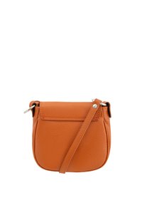 Orange leather crossbody bag with a textured surface, rounded shape, front flap, and adjustable strap. Silver hardware accent included.