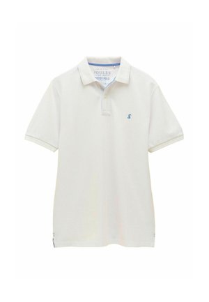 Bílá polokošile s krátkými rukávy, vyrobená z texturované látky. Má modré logo na prsou a světle modré detaily na límci.