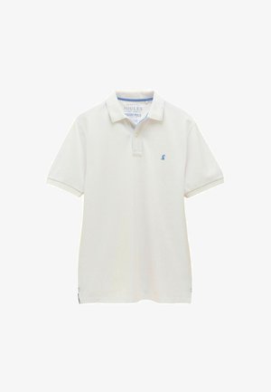 Fehér, rövid ujjú póló, texturált anyagból készült. Kék logó található a mellkason, valamint világoskék díszítés a galléron.