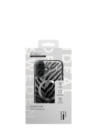 Funda transparente para iPhone 17 con rayas de cebra en negro y plata, compatible con MagSafe, que incluye iconos de resistencia a caídas y materiales reciclados.