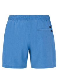 Siniset joustavat vyötäröshortsit, joissa on pieni vetoketjullinen tasku oikealla puolella ja kankaan rakenne näkyy materiaalissa.