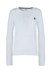 Maglione bianco a maglia con maniche lunghe e scollo a girocollo. Presenta un sottile logo ricamato di colore scuro sul lato sinistro del petto.