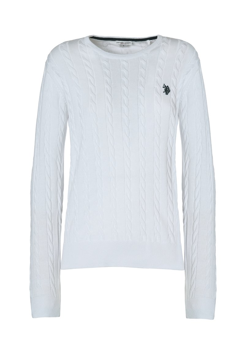 Maglione bianco a maglia con maniche lunghe e scollo a girocollo. Presenta un sottile logo ricamato di colore scuro sul lato sinistro del petto.