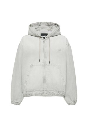 Veste à capuche gris clair zippée avec poches avant, cordon de serrage à la capuche, poignets et ourlet élastiques, style décontracté.