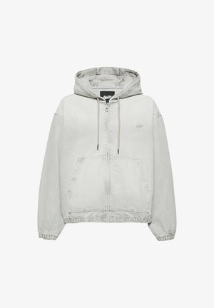 Veste à capuche gris clair zippée avec poches avant, cordon de serrage à la capuche, poignets et ourlet élastiques, style décontracté.