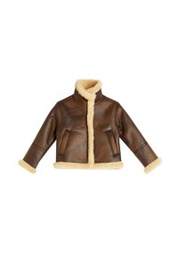 Braune Lederjacke mit Schafsfellkragen und -manschetten, mit einer Vorderseite, zwei seitlichen Taschen und einem cropped Design.