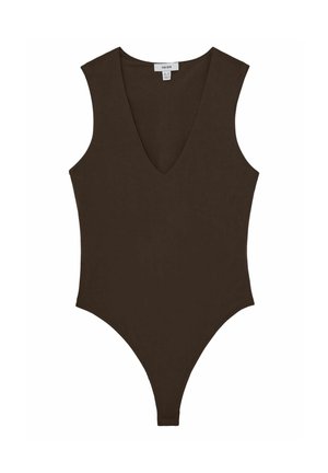 Barna bodysuit mély V-nyakkivágással, ujjatlan kialakítással és magas szabású combnyílásokkal. Készült sima, nyújtható anyagból.
