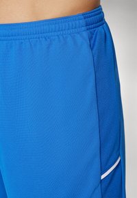 Blauwe sportschort gemaakt van lichtgewicht stof met een gladde textuur, voorzien van een zijpaneel van mesh en een witte accentstreep.