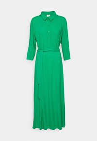 Grünes Hemdkleid mit Kragen, durchgehender Knopfleiste, 3/4-Ärmeln und Taillengürtel. Hergestellt aus einem glatten Stoff mit fließender Silhouette.