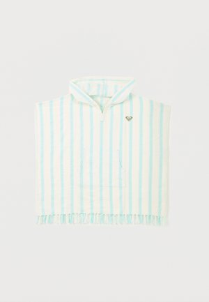 Modro-belo črtasti kapucar s sprednjim žepom, majhnim logotipom srca na prsih in obrobo s cofki na dnu.