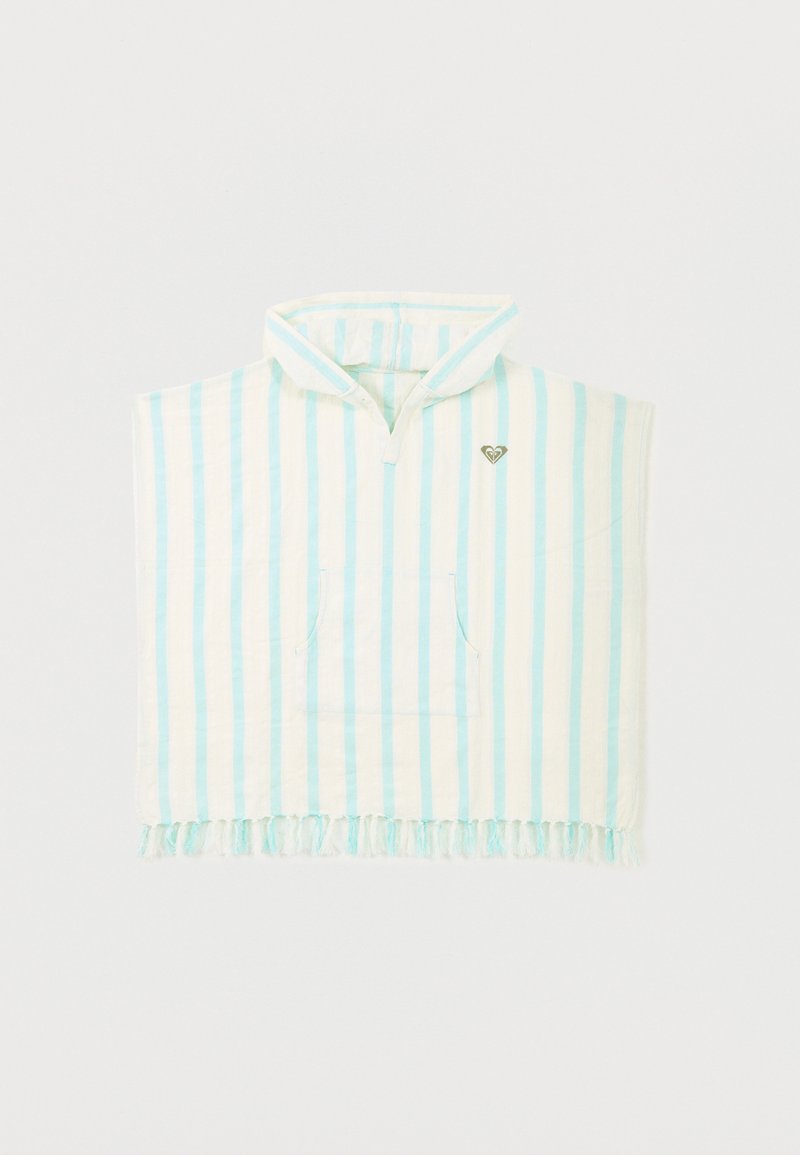 Φωτεινό γαλάζιο και λευκό ριγέ πόντσο με κουκούλα, μπροστινή τσέπη, μικρό λογότυπο καρδιάς στο στήθος και φουντίτσες στο κάτω μέρος.