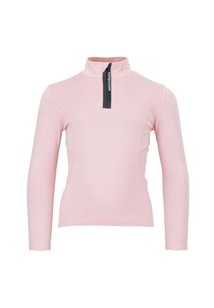 Chemise à manches longues rose clair avec un col haut et une fermeture zippée sur le devant. Tissu texturé avec des accents en panneaux latéraux et un détail de tirette de marque.