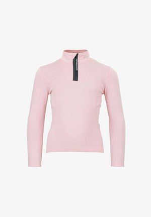 Chemise à manches longues rose clair avec un col haut et une fermeture zippée sur le devant. Tissu texturé avec des accents en panneaux latéraux et un détail de tirette de marque.