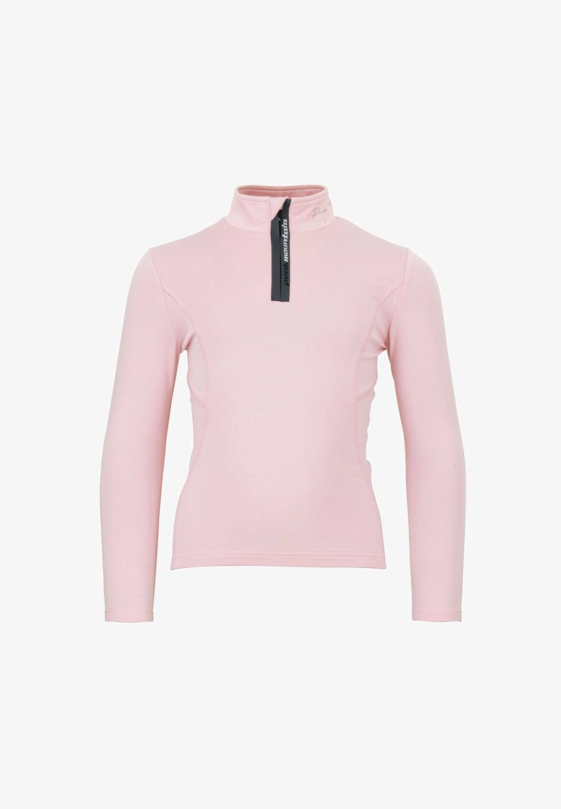 Chemise à manches longues rose clair avec un col haut et une fermeture zippée sur le devant. Tissu texturé avec des accents en panneaux latéraux et un détail de tirette de marque.